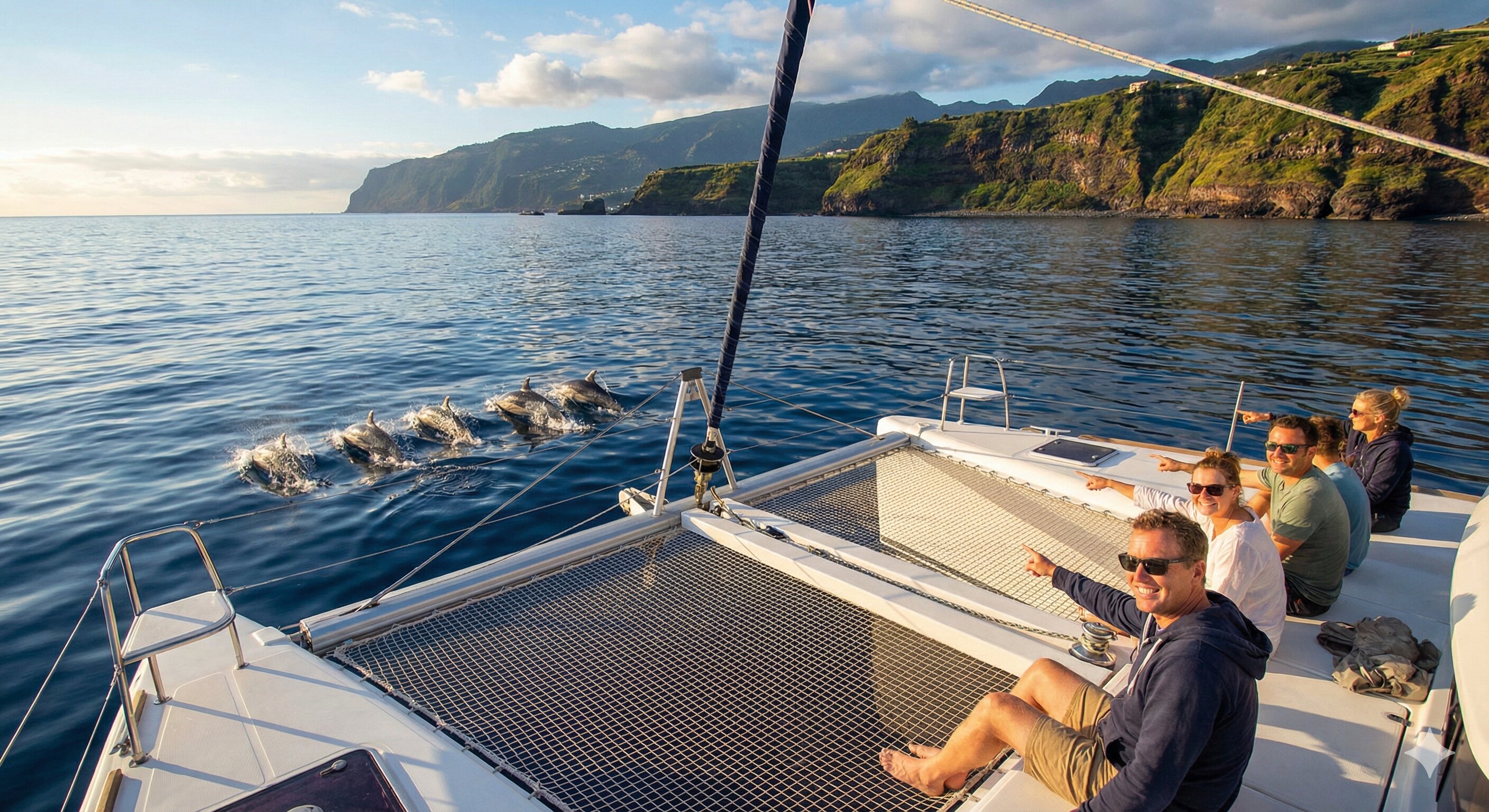sailing sensation catamaran dolphins watching happy people 